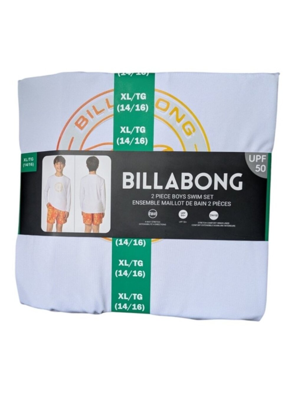 NWT Billabong Boys 2-Piece Swim Set - White & Orange Size XL (14/16)